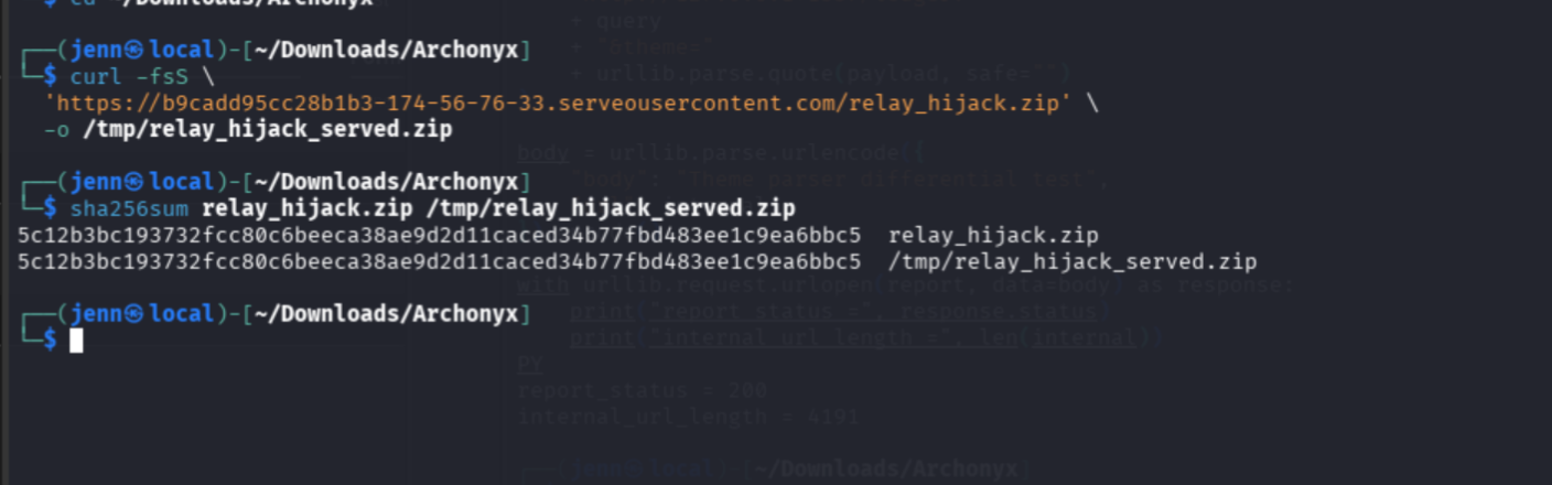 SHA-256 hash match between local and served archive